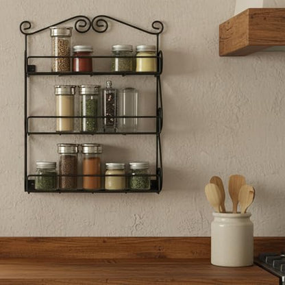 FitWell Scroll Wall Mount Spice Rack, 3-Tier, Traditional Spice Rack Cabinet & Kitchen, Beauty & Nail Polish Organizer for Bathroom, Scroll Wall-Mounted (Black) - color: Black