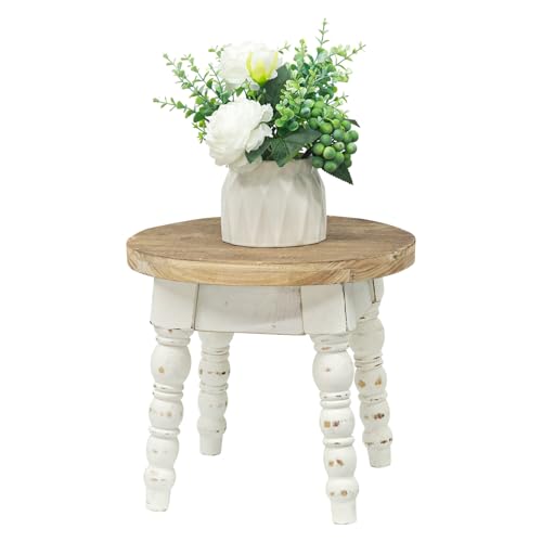 Solid Wood Indoor Plant Stand Stool, 11.8" Round × 10.6" Tall Small Wood Plant Stand for Pots, Vases & Home Décor – Rustic Vintage White Display Pedestal & Plant Holder for Indoor or Outdoor Use