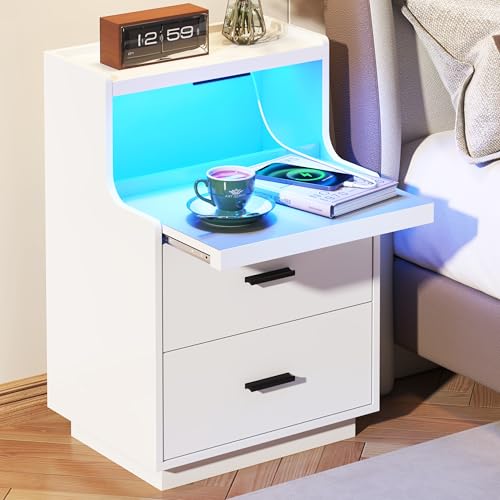 Yusong LED Nightstand Bedside Table with Charging Station 2 Drawers, Modern Sofa Couch End Side Table with LED Lights and Pull-Out Shelf for Bedroom, White - color: White 003