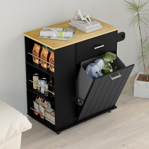 HQZX Rolling Kitchen Island with Trash Can Storage, Portable Kitchen Island on Wheels with Towel Rack & Spice Rack, Tilt Out Trash Can Cabinet with Drawer, Mobile Island Cart (Black) - color: Black
