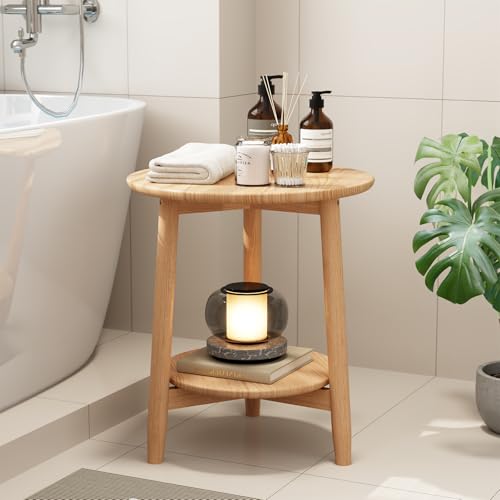 Round End Table,Solid Wood Small Round Table with Lower Shelf,Round Side Table，Nightstand for Small Spaces,Living Room,Bedroom(Natural) - color: Natural