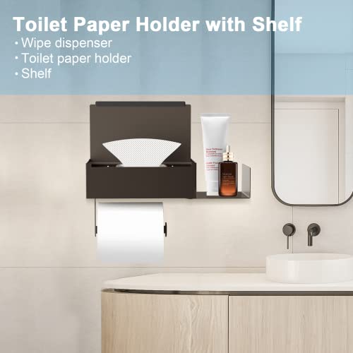 Toilet Paper Holder with Shelf, FUNLEU Flushable Wipes Dispenser for Bathroom, Self Adhesive Toilet Paper Holder with Storage - Stainless Steel Toilet Holder Keep Wipes Hidden Out of Sight, Bronze - color: Bronze