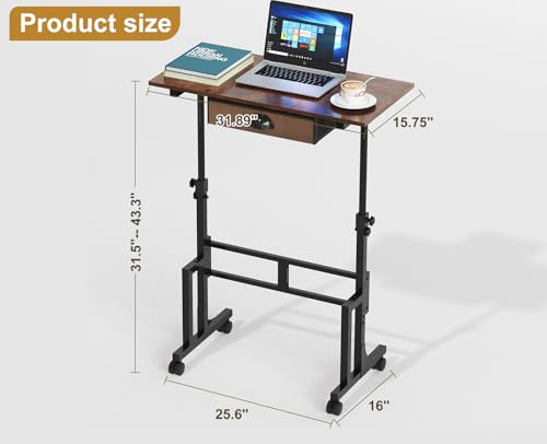 Adjustable Height Standing Desk With Drawer, Rolling Sit Stand Up Desk With Wheels, Small Sit To Stand Computer Desk, Adjustable Desktop Height, On Wheels, Brown, For Walking Pad Laptop Treadmill - color: Brown, size: With Drawer