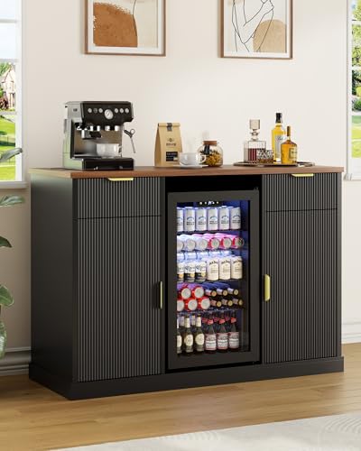 55" Large Coffee Bar Cabinet with Mini Fridge Space, Wine & Liquor Bar Cabinet with Built-in Outlets, Modern Fluted Buffet Sideboard for Living Room, Dining Room or Home Bar, Black - color: Black Without Fridge, size: 55"