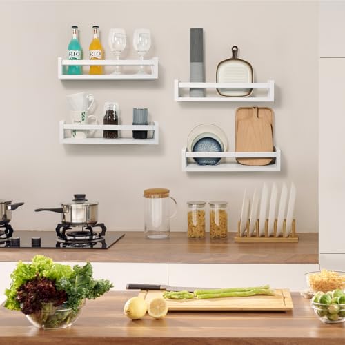 Nursery Room Shelves Set of 4, Wood Floating Book Shelves for Kids Room, Baby Book Shelf for Nursery, Kitchen Spice Rack (Classic White) - color: White