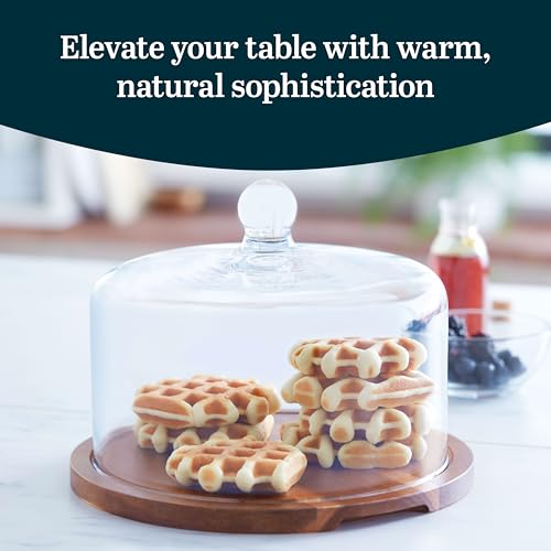 Libbey Acacia Wood Cake Stand with Lid, Ball Top Handle Cake Holder with Lid, Covered Pastry Holder, Durable Glass Dome Cover - color: Flat Round