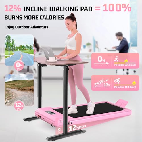 FUNMILY Upgrade Walking Pad Folding Treadmill with 12%/15% Incline & Handle Bar, 3.5HP Foldable Under Desk Compact Treadmills for Home/Office/Gym, 400+lb Capacity, Shock Absorption - color: Light Pink