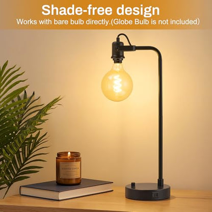 Black Table Lamp Set of 2 with USB A and C Ports, 180° Adjustable Stepless Dimming Bedside Lamps for Night Stands, E26 LED Bulb Included, Industrial Desk Lamps for Home Office, Bare Bulb Compatible - color: Black-A