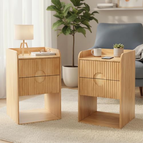 Fluted Nightstand Set of 2, Small Bedside Table, Wood Side Table with Storage, Boho Mid Century Modern Night Stand, 2 Drawer End Table for Bedroom, Natural, Vintage
