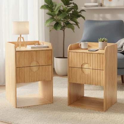 Fluted Nightstand Set of 2, Small Bedside Table, Wood Side Table with Storage, Boho Mid Century Modern Night Stand, 2 Drawer End Table for Bedroom, Natural, Vintage