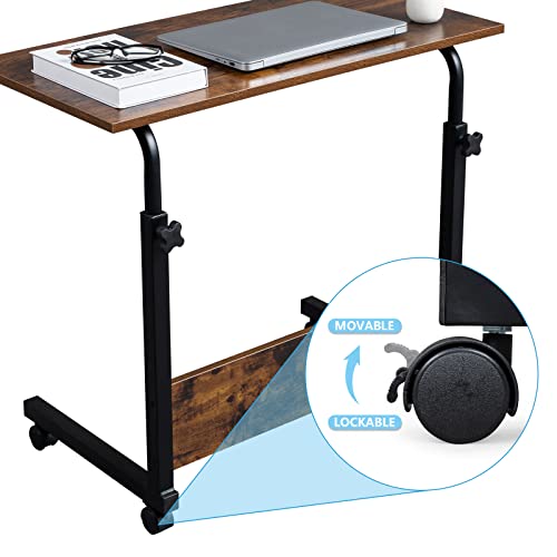 Karl home Mobile Side Table 31.5 Inch Computer Desk with Wheels Height Adjustable Rolling Potable Laptop Cart, C-Shaped Bed Couch End Tables with Edge Stopper for Livingroom Bedroom, Rustic Brown - color: Rustic Brown, size: 31.5"+No Power Sockets