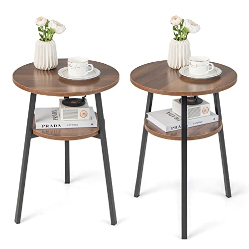 Giantex Round End Table Set of 2, Retro Bedside Table with Open Storage Shelf & Sturdy Triangular Metal Frame, Versatile Accent Table for Bedroom, Living Room & Study, Easy Assembly (2, Walnut)
