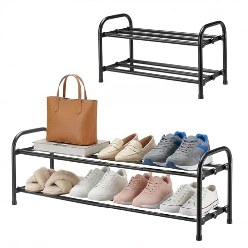 2-Tier Expandable Shoe Rack, Adjustable Shoe Shelf Storage Organizer Durable Metal Free Standing Shoe Rack for Entryway Closet Doorway (Black) - size: 2 Tier
