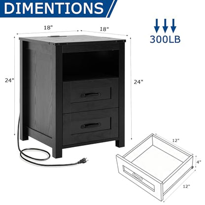 Farmhouse Night Stand, Rustic Black Nightstand for Bedroom, End Tables with Charging Station, Bedside Table with Drawers, Wood Bedside Cabinet Dresser - color: Black, size: 1pcs with Charging