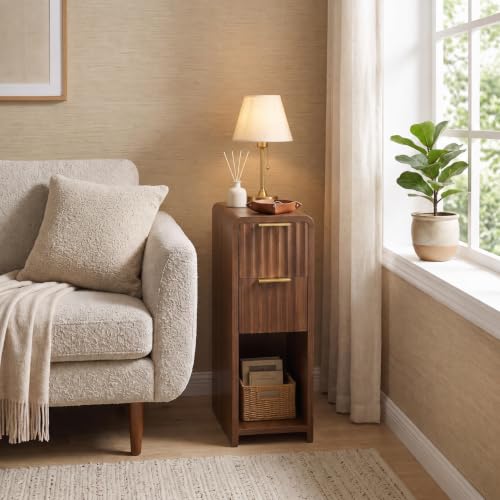 Fluted Narrow Nightstands Set of 2 with 2 Drawers and Open Shelf, Walnut Slim Bedside Tables with Gold Handles, Matching Side Tables for Bedroom - size: Set of 2