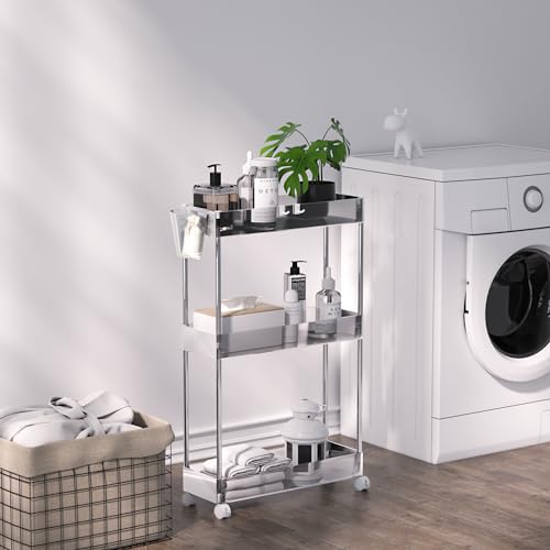 VECELO 3-Tier Acrylic Rolling Cart, Utility Cart for Kitchen Storage, Mobile Shelves Slide-Out Organizers with 2 Lockable Wheels&Hooks for Bathroom Laundry Room Living Room Office, Clear - color: Clear, size: 3 Tier