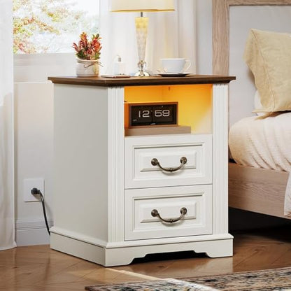 RALGEND Farmhouse Nightstand with Charging Station, Night Stand with 2 Drawers, End Tables Living Room, LED Bed Side Table with Open Shelf, End Table for Bedroom, Living Room, White and Walnut - color: White and Walnut