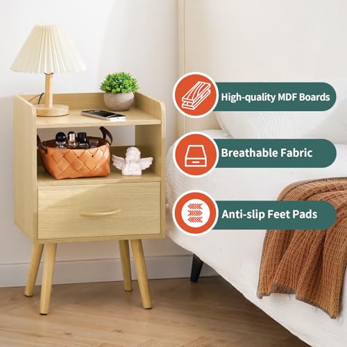 Yoobure Modern Nightstand with Fabric Drawer, Bedside Tables, Mid Century Nightstand with Open Storage Shelf, Wood Bedside Table, Small Night Stands for Bedrooms, 2-Tier Night Table - color: Natural