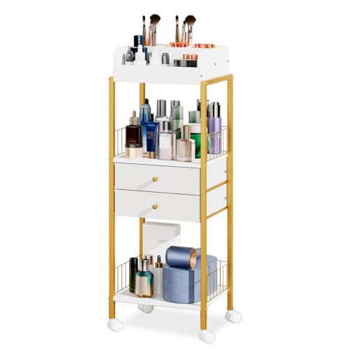 Makeup Organizer Cart Shelf Floor Skincare Organizers Make Up and Station Storage Cabinet For Vanity Standing Cosmetics With Drawers and Wheels For Nail Polish Perfume Hair Tool Holder Beauty(Gold) - color: Gold