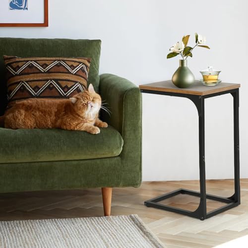 FDW C-Shaped End Table Wooden Top Side Table Adjustable Feet Small Cough Table Bedside End Table with Metal Frame for Bedroom Living Room,Set of 2,Brown - color: Brown