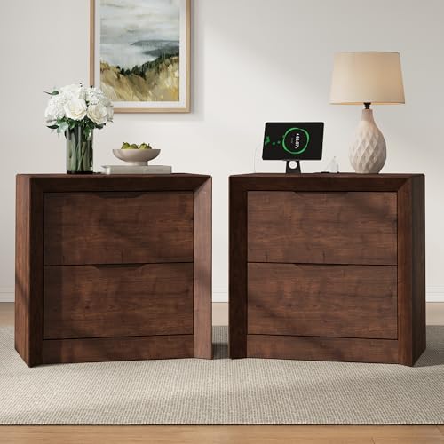 YANSNWO Walnut Nightstand Set of 2 with Charging Station, 23.6" Modern Bedside Table with Thickened Frame & Unique Panel, Mid Century Wood End Table for Bedroom, Living Room - color: Walnut, size: 15.6"D x 23.6"W x 23.6"H (2 Drawers/2 Piece)