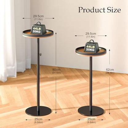 Round Side Table, Small Drink Table for Small Spaces, Modern Adjustable Height Martini Pedestal Table for Couch Living Room Bathroom Bedroom, Brown - color: Walnut Brown + Black