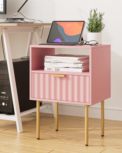 Night Stand,Modern Bedside Table with Drawer and Shelf,Pink Night Stand with Gold Frame,Small Side Table for Bedroom,Living Room - color: Pink