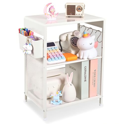 White Small Nightstand, Kids Nightstand for Bedroom, End Table with Hooks and Holder, Toddler Bedside Table for Girls, Desk Organizer for Office, Dorm (White) - color: White