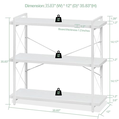 HCHQHS Bookshelf, 3-Tier Industrial Bookcase, White Open Book Shelf, Freestanding Horizontal Bookshelves with Metal Frame - color: Cloud White, size: 3-Tier (35.8"W x 35.8"H)