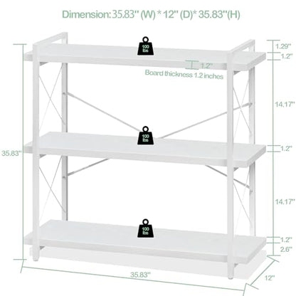HCHQHS Bookshelf, 3-Tier Industrial Bookcase, White Open Book Shelf, Freestanding Horizontal Bookshelves with Metal Frame - color: Cloud White, size: 3-Tier (35.8"W x 35.8"H)