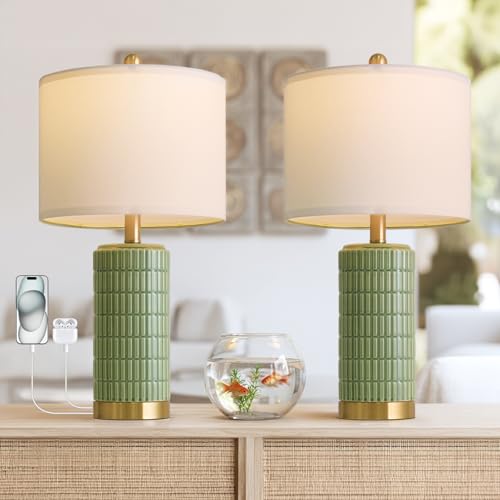 PoKat Bedside Table Lamps Set of 2 for Living Room with 2 USB Ports, 21.5'' Small Modern Nightstand Lamps for Bedroom, Ceramic Side Table Lamps with Gold Base for Office Entryway Decor Gift (Green) - color: Green - Dual USB Ports