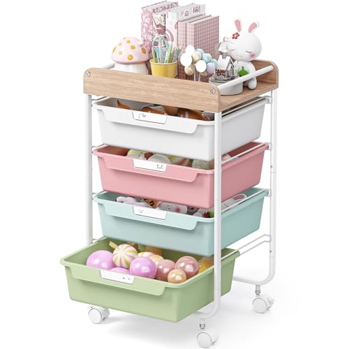 SYKIARIOL Rolling Storage Utility Cart with 4 Drawers,Kids Craft Art Cart,Makeup Organizer and Storage with Wooden Tabletop,Colorful - color: Colorful, size: 4-Drawers