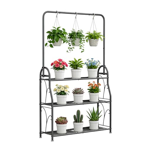 SORCEDAS Plant Stand Indoor Outdoor 3 Tier Tall Corner Hanging Plant Shelf Metal Flower Stands Ladder Plant Holder for Living Room Balcony Garden Patio Multiple Plants, Dark Grey - size: 3 Tier With Hanging-Dark Grey