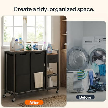 HOOBRO 2 Section Laundry Sorter with Shelf, 24 Gal. (90.8 L) Laundry Hamper with Wheels, Rolling Laundry Basket with Fabric Drawer, 3-Tier Shelves, Side Pockets, Black and Rustic Brown BF27XY01