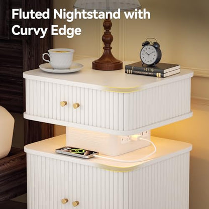 Night Stand, LED Nightstand, Modern Nightstand with Charging Station, Night Stand with 2 Drawers and Sliding Door, Curvy Edge, Small Bedside Table for Bedroom, White - color: White