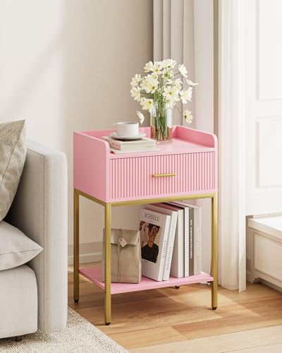 Nightstand, 3-Tier Bed Side Table, Small End Table, Night Stand with Open Shelf and Drawer, Bedside Table for Bedroom, Living Room, Pink - color: Pink, style: Without Charging Station