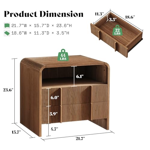 AMERLIFE Fluted Night Stand with Storage Drawers, Modern Small Nightstand & Bedside Table with Open Shelf, Curved Profile Design & Pine Handles, Wood End Table for Bedroom, Walnut - color: Walnut