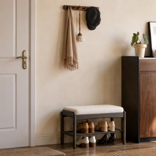 Black Wood Shoe Bench, 24 Inch Entryway Bench with Light Gray Cushion | Black wood finish with light gray cushion delivers a minimalist style with comfortable everyday seating. - color: Black + Light Gray Cushion, size: 23.62"
