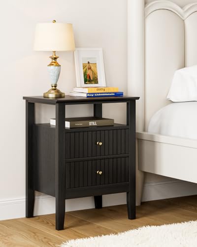 Fluted Nightstand, Farmhouse Night Stand with 2 Drawers, Mid Century Modern Side Accent Table,Bedside End Table for Bedroom, Living Room, Black - color: Black, size: 2 Drawers