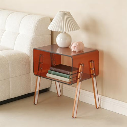 Acrylic Side Table, 2-Tier End Table with Open Storage for Small Spaces, Brown Modern Nightstand for Bedroom, Living Room, Apartment - color: Brown
