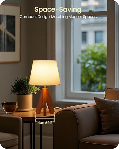 Small Tripod Table Lamps Set of 2, Modern Nightstand Lamp with Fabric Shade, Boho Bedside Wood Desk Light for Bedroom, Kids Room, Living Room, Office, Study, Dark Wood and White, LW51TLP205 - color: 2Pack White+Pearwood