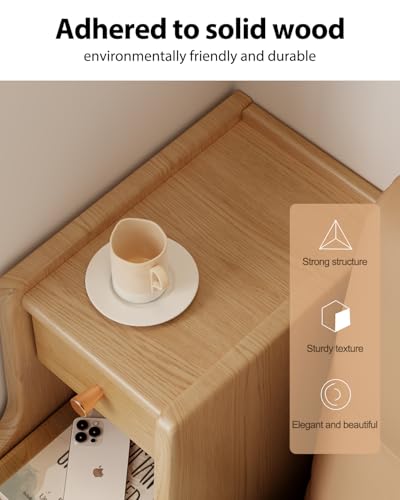 Solid Wood Narrow Nightstand with 3 Drawers,Modern Natural,Fully Assembled | Narrow night stand,gold handles,open Shelf,skinny bedside table,slim nightstand for bedroom storage,space-saving storage - color: Natural（15.75"d X 7.87"w X 23.62"h）