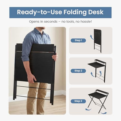 DUMOS Folding Desk with Shelf, No Assembly Computer Desk, Small Space Ink | Foldable Desk with Shelf Saves Space for Bedroom, Office and Dorm Use - color: Ink