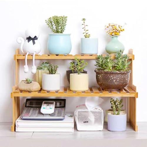 GURECOD 22.8" 2 Tiers Bamboo Plant Stand Shelf,Desk Flower Pot Holder,Adjustable Desktop Shelf Display Organizer Ladder Rack for Office Decorate Desk Shelving Storage Rack,Kitchen Rack (22.8" Length) - size: 22.8" Length