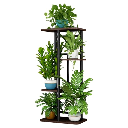 LINZINAR Plant Stand Indoor 4 Tier 5 Potted Multiple Plant Shelf Stands for Garden Corner Balcony Living Room - color: Black Oak, size: 4 Tier-5 Potted