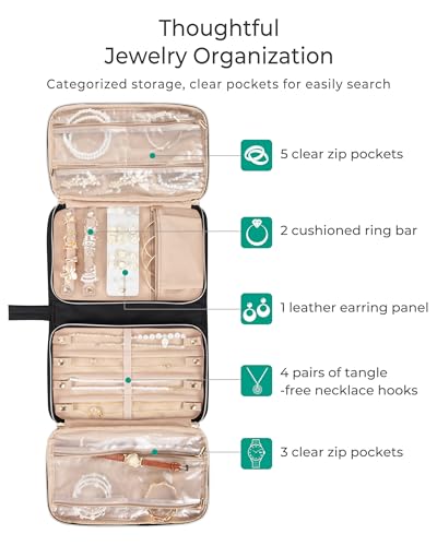 Marscamd Travel Jewelry Case Organizer, Foldable Jewelry Bag, Black | with Zipper Jewelry Bag for Earrings, Rings, Necklaces, Bracelets, Brooches - color: Black