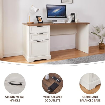 60" Farmhouse Executive Desk with Charging Station,Home Office Desk with 2 Drawers &1 File Cabinet,Wood Work Desk for Office and Home - color: White