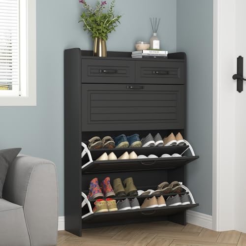 Shoe Storage Cabinet for Entryway with 3 Flip Drawers and 2 Top Drawers,Large Shoe Rack Organizer Cabinet for Closet,Hallway - color: Black-2