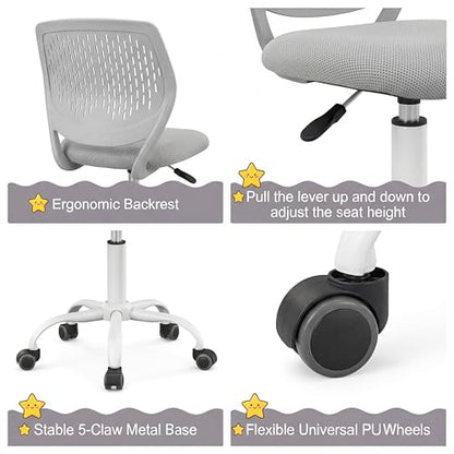 Costzon Kids Desk Chair, Armless Height Adjustable Kids Computer Chair w/Elastic Sponge Filling, Ergonomic Backrest & Stable 5-Point Wheels, Children Rolling Swivel Chair for Studyroom (Gray) - color: Grey