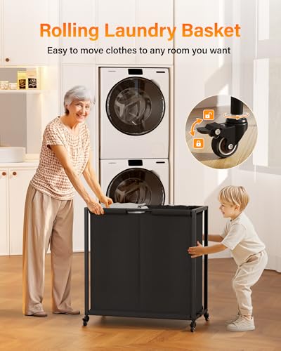 Laundry Hamper Basket: 2 Section Laundry Sorter with Wheels and Shelf - Rolling Laundry Basket Organizer with Shelf Drawers and Pull-Out Cart - Clothes Hamper for Laundry Room Bathroom Bedroom